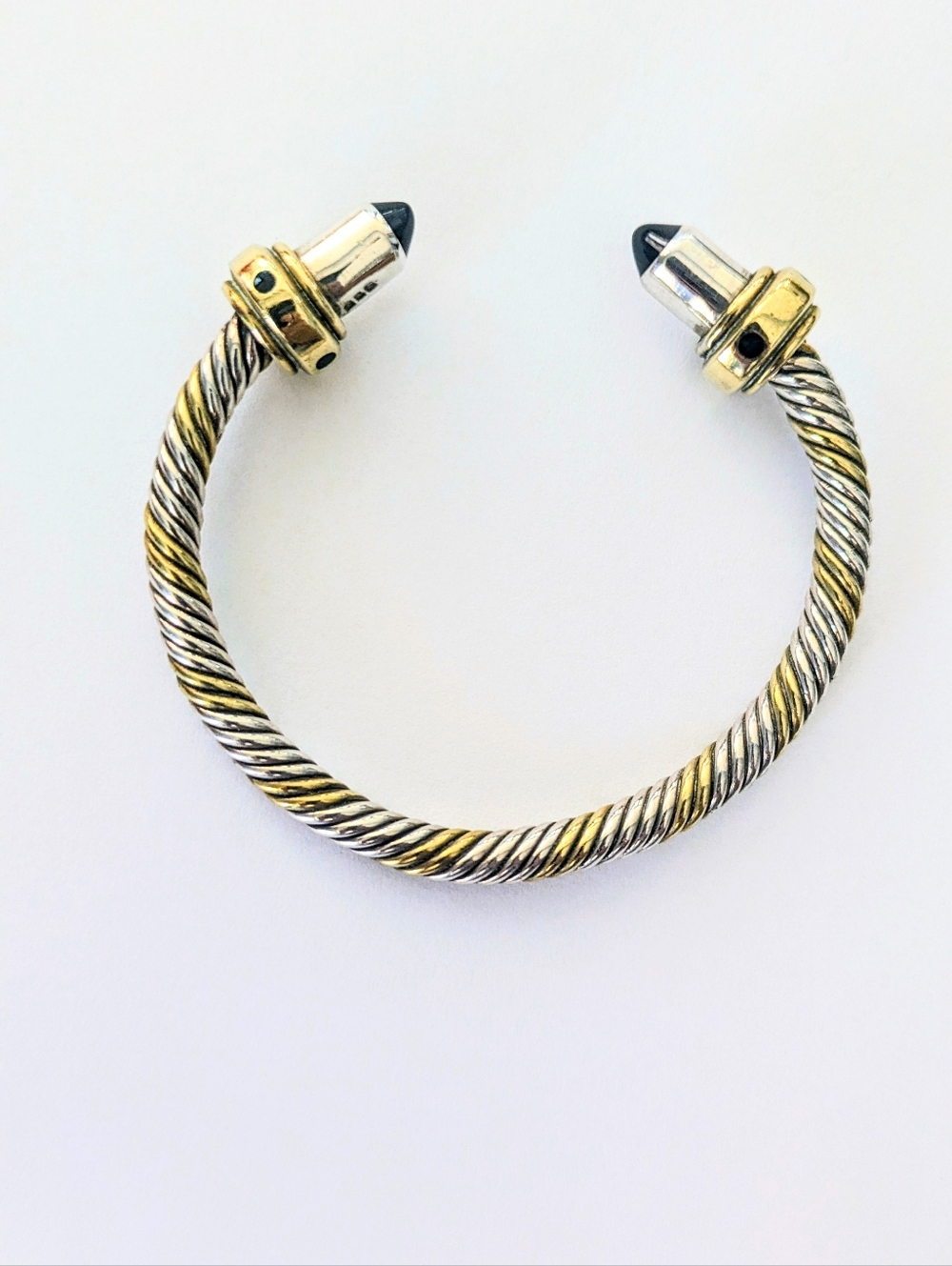 Signed TE-26 STERLING SILVER Brass & Onyx Tipped Cuff Bracelet Taxco Mexico